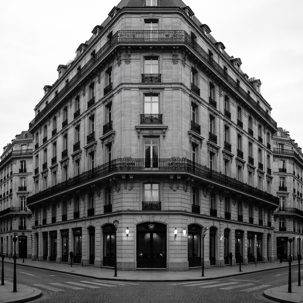 Square monochrome crop of a symmetrical corner building on a quiet European street.