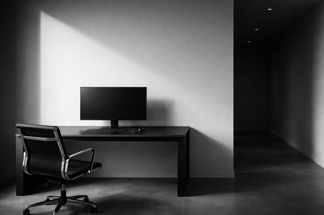Monochrome studio workspace with a desk, monitor, chair, and a sharply angled patch of daylight.