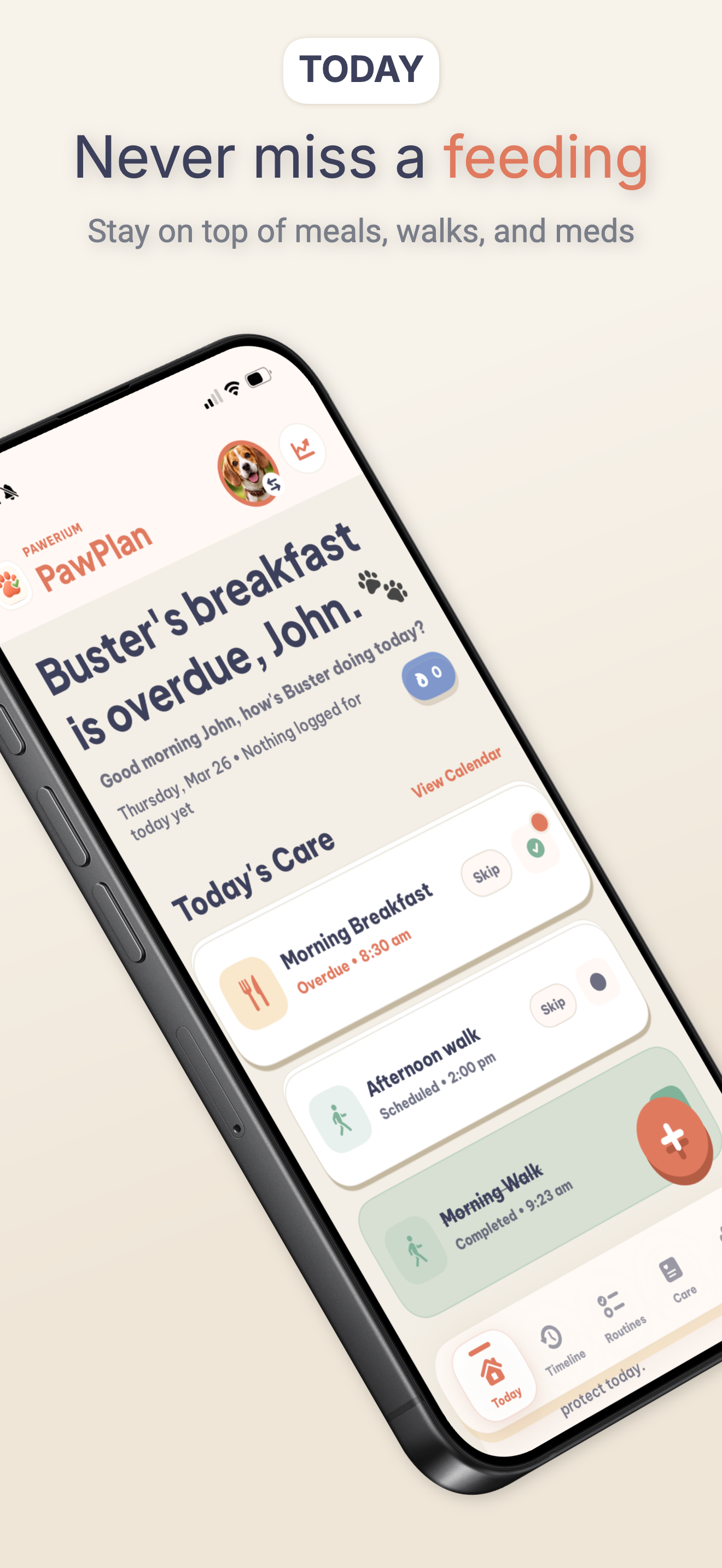 PawPlan Today screen showing upcoming pet-care tasks.