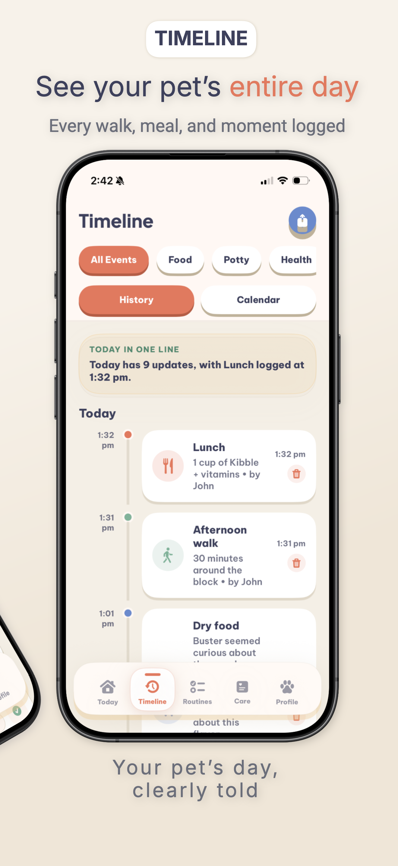 PawPlan Timeline view showing a chronological pet-care history.