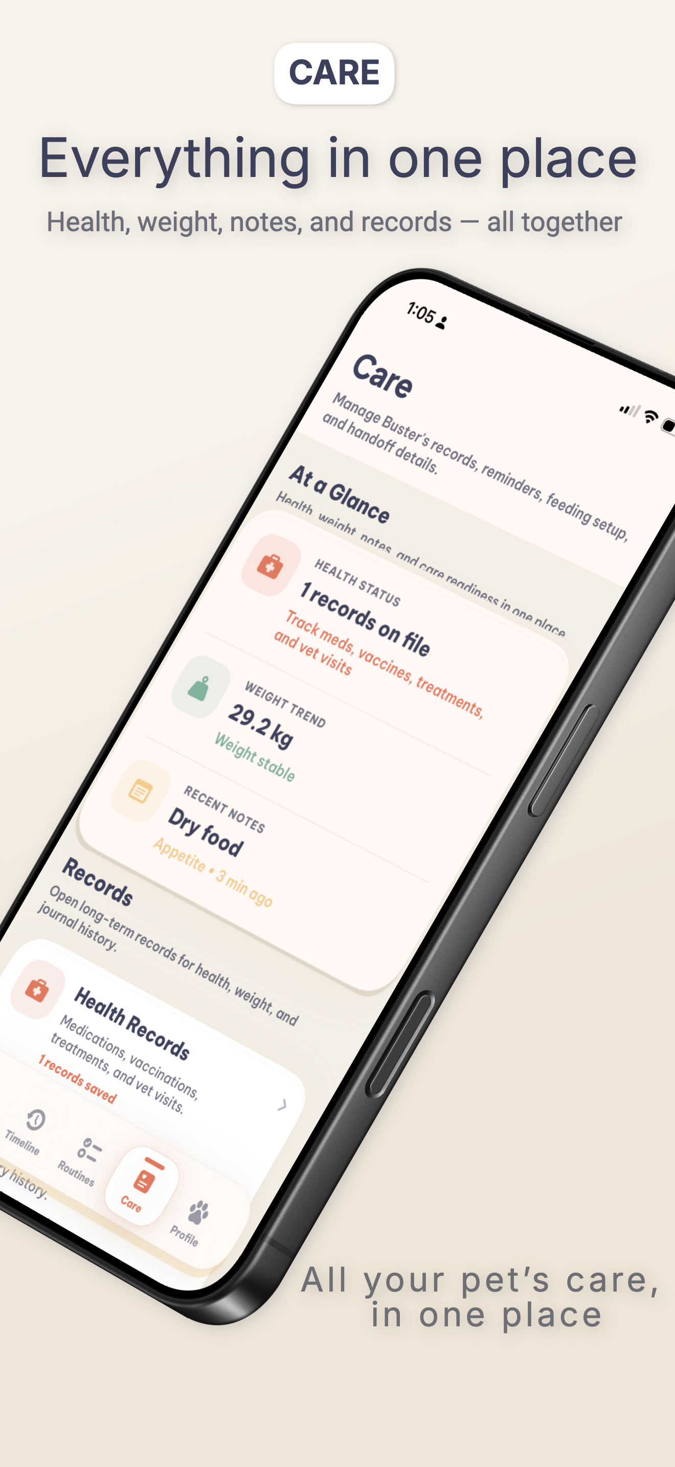 PawPlan Care screen showing structured pet records.